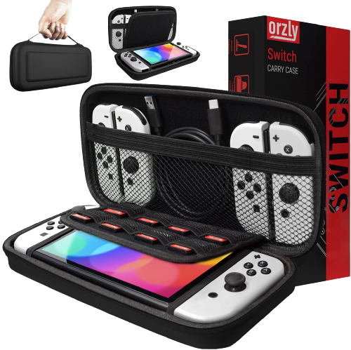 Orzly Funda para Nintendo Switch y Switch OLED - portátil Estuche rigido - Bolso de viaje con Ranuras para juegos, Joy-Con mandos y accessorios - Negro